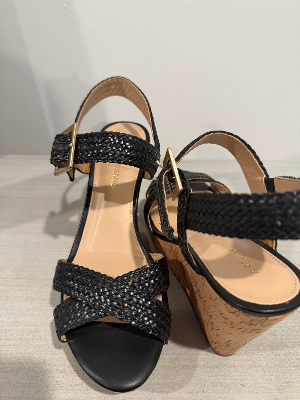 Arturo Chiang Black Braided Cork Wedge Sandals